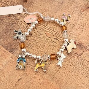 Silver & Amber Dog Charm Beaded Bracelet - Women's Jewelry
